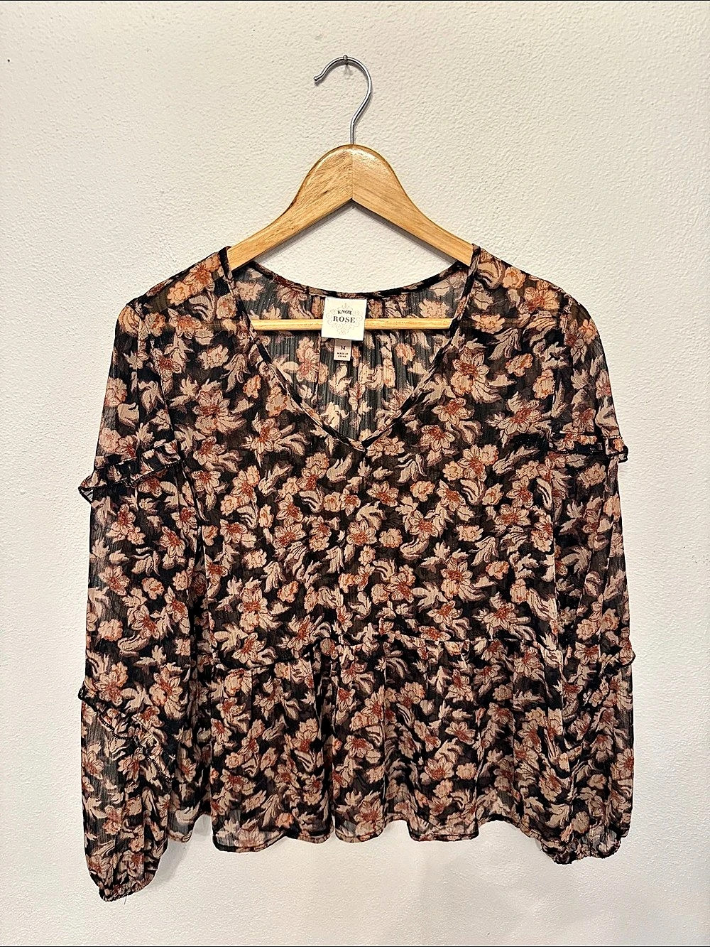KNOX ROSE Floral Blouse in Black & Brown Size Medium